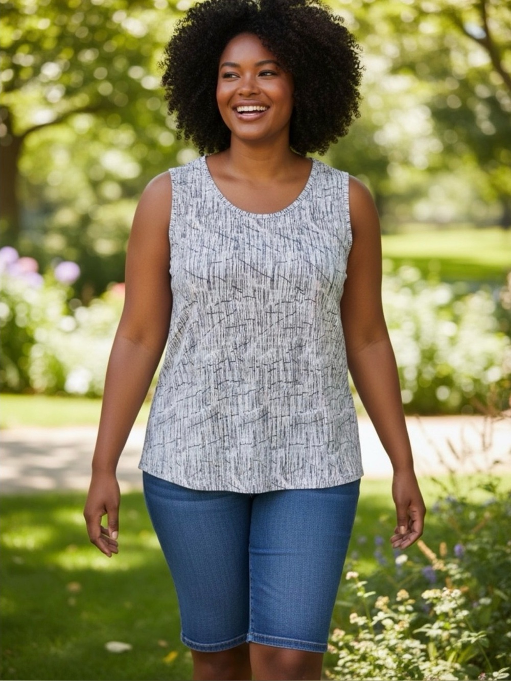 Textured Scoop Neck Tank Top Sleeveless Heathered Gray With Pink Accents